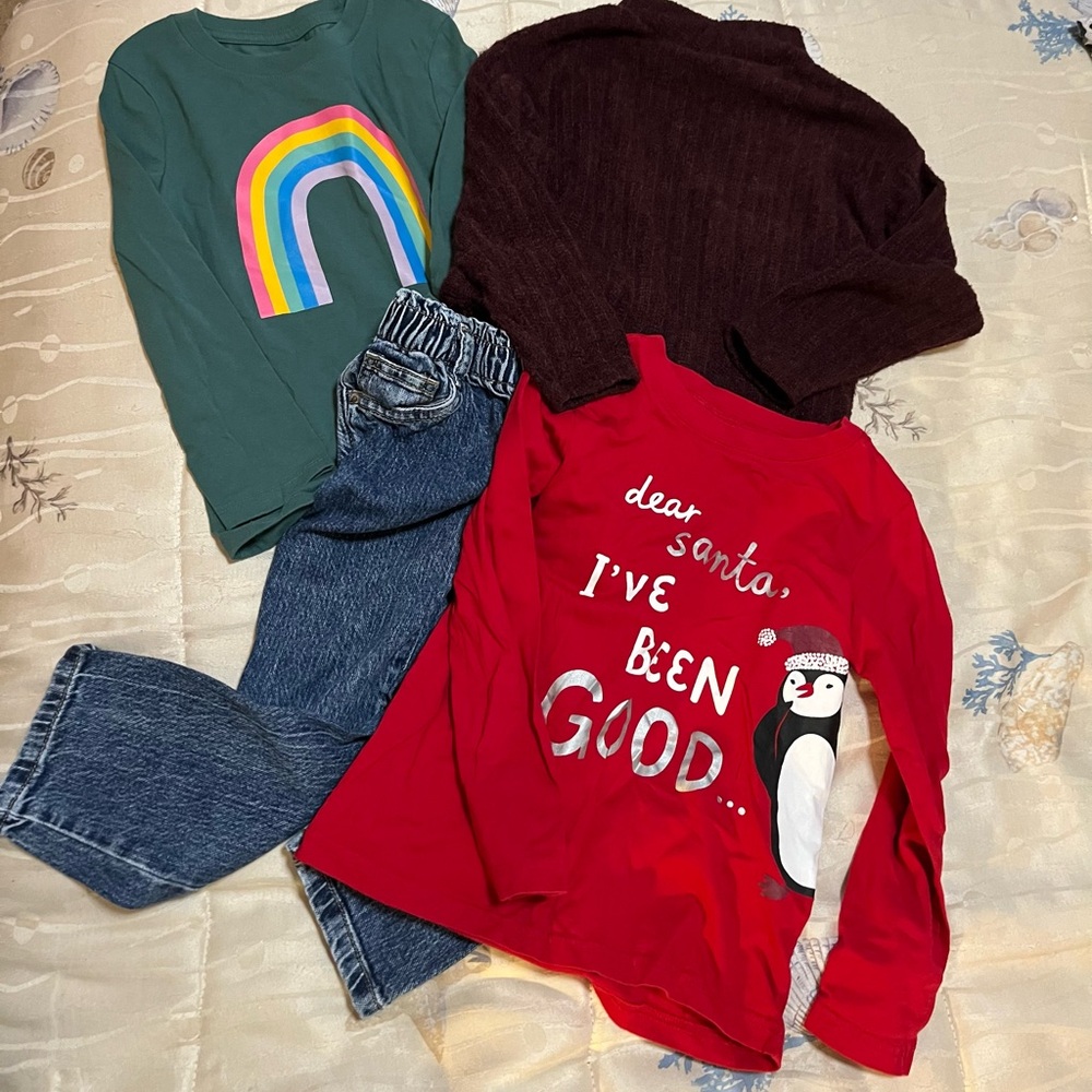 Set of 4, Toddler Girls Long Sleeve Shirts with Jeans, Size 5T